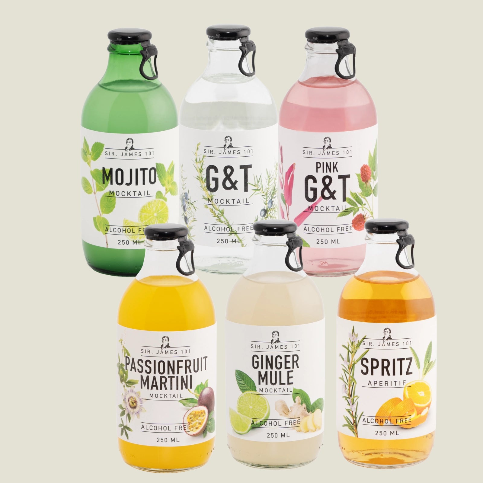 Full collection of Sir James 101 alcohol-free mocktails, including Mojito, G&T, Pink G&T, Passionfruit Martini, Ginger Mule, and Spritz, displayed on a neutral background.
