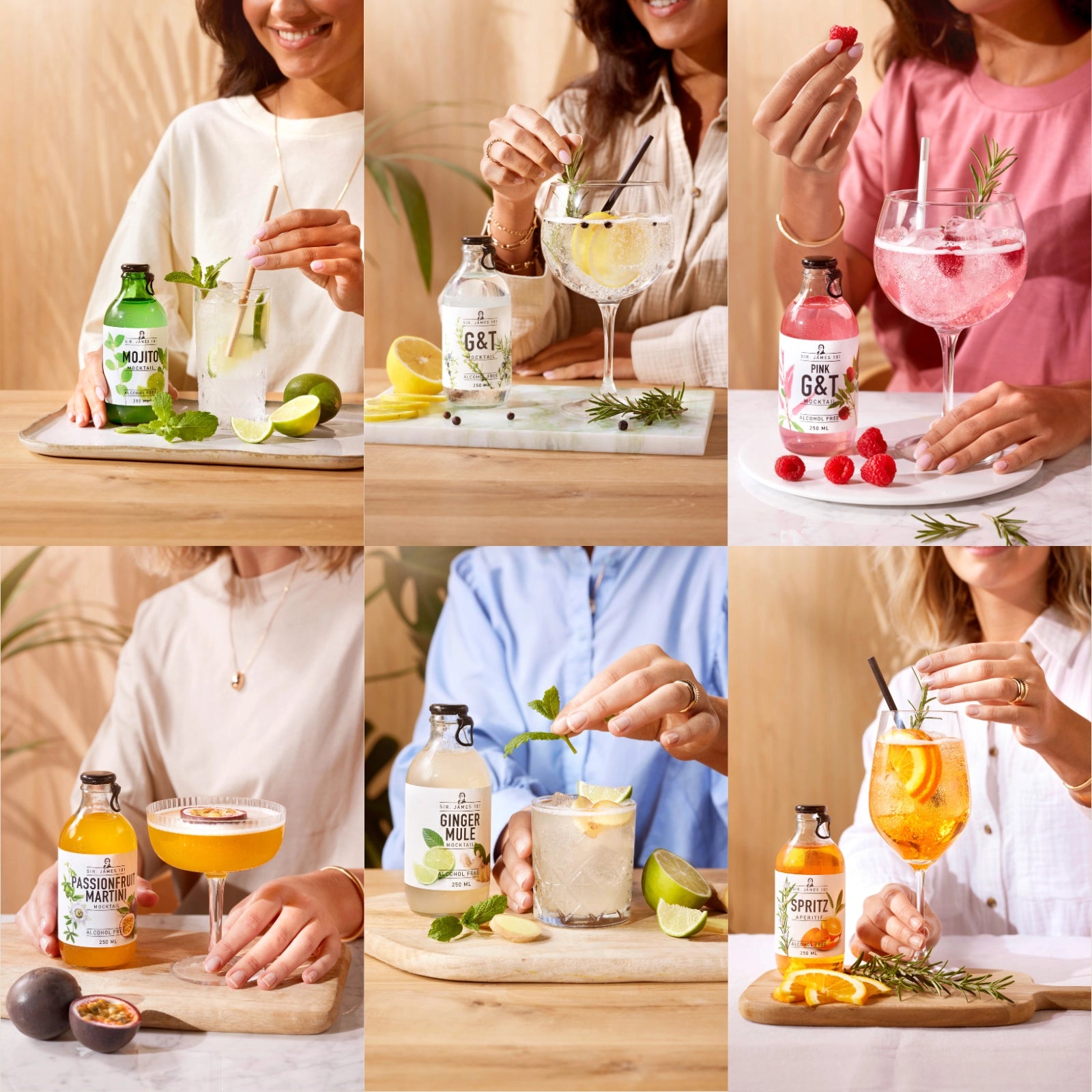 Six Sir James 101 alcohol-free mocktails being prepared with fresh garnishes, featuring Mojito, G&T, Pink G&T, Passionfruit Martini, Ginger Mule, and Spritz in a bright lifestyle setting.
