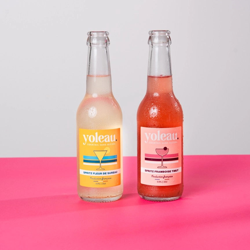 Yoleau alcohol-free spritz mocktails elderflower and raspberry flavours 250 ml bottles.