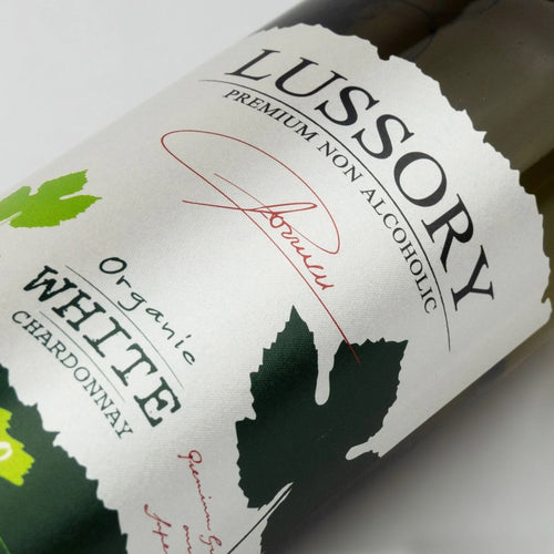 Close-up of the LUSSORY Organic  Chardonnay Non-Alcoholic Red Wine label.