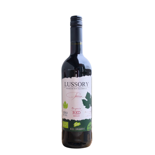 LUSSORY Organic Merlot Non-Alcoholic Red Wine 750 ml bottle on transparent background.