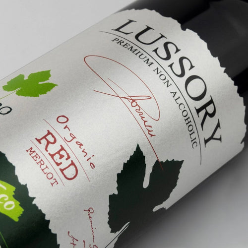 Close-up of the LUSSORY Organic Merlot Non-Alcoholic Red Wine label.
