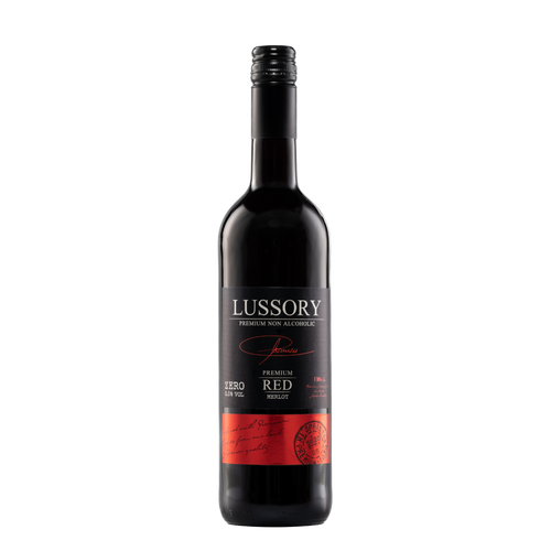 LUSSORY Premium Merlot Non-Alcoholic Red Wine 750 ml bottle on transparent background.