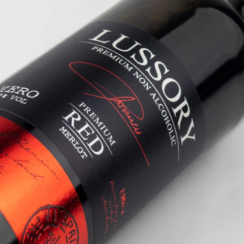 Close-up of the LUSSORY Premium Merlot Non-Alcoholic Red Wine label.