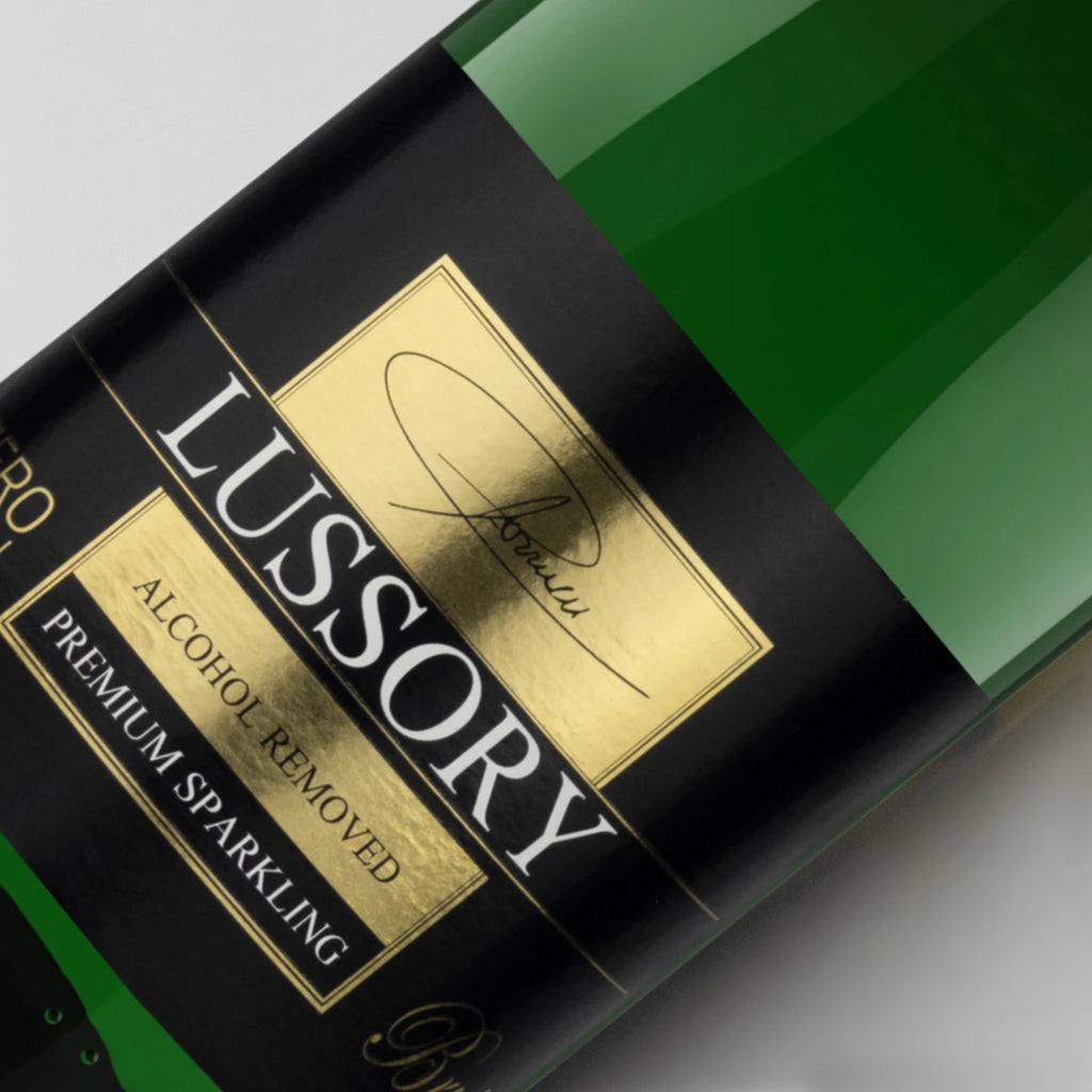 Close-up of the LUSSORY Premium Sparkling Non-Alcoholic Wine label.