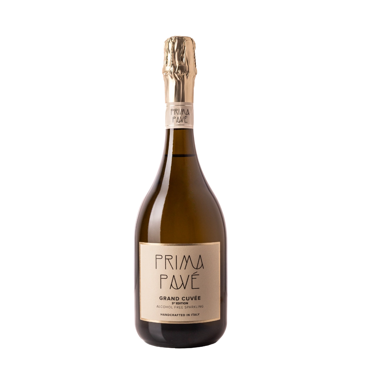 750 ml bottle of PRIMA PAVÉ Grand Cuvée Non-Alcoholic Sparkling Wine on transparent background