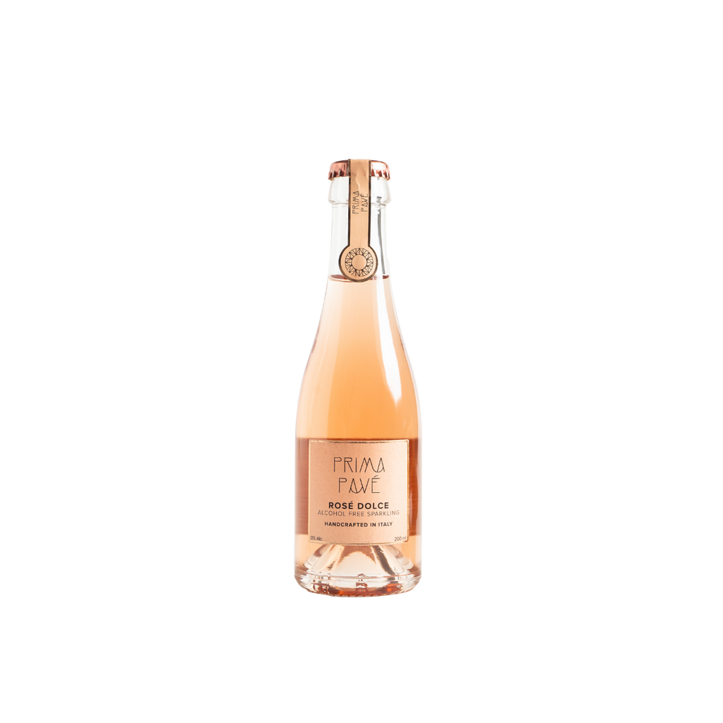 200 ml bottle of PRIMA PAVÉ Rosé Dolce Non-Alcoholic Sparkling Wine on transparent background.